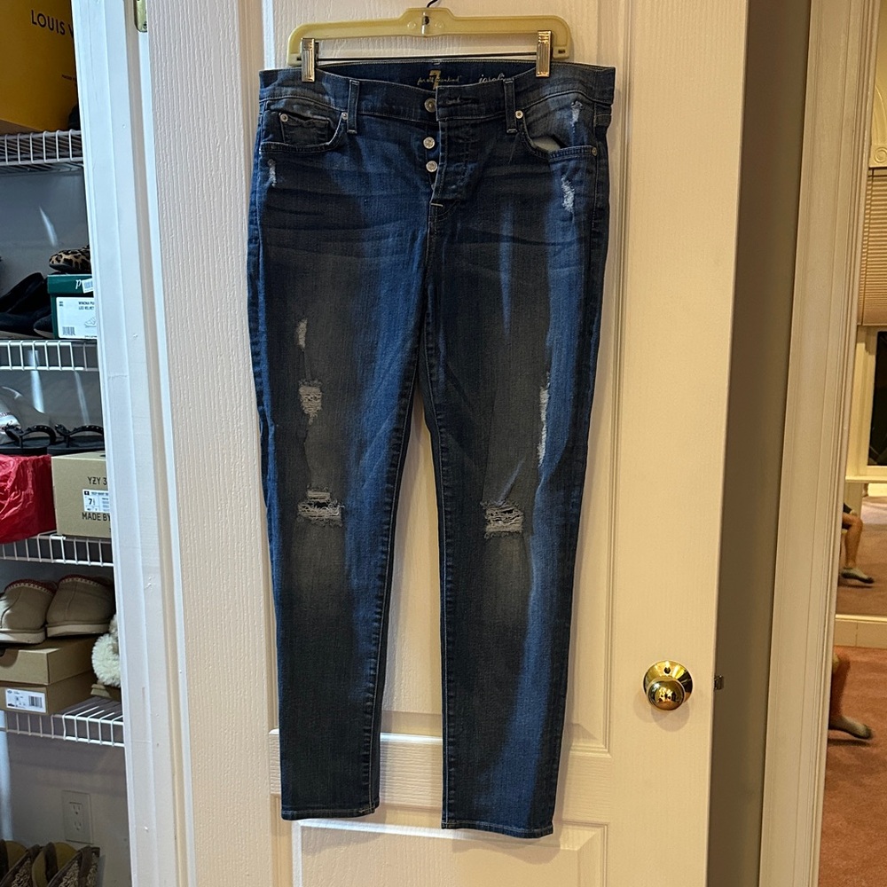 7 For All Mankind Dark Blue Distressed Skinny Jeans
